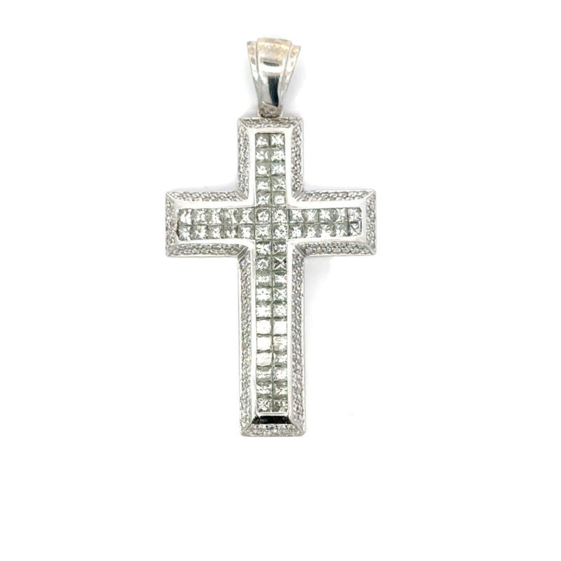 Front view of a 10k white gold cross pendant from John's Loan & Jewelry featuring a pave setting with 2ct diamonds arranged in a grid pattern on a white table.