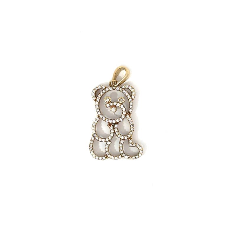 Close-up of John's Loan & Jewelry 10k yellow gold teddy bear pendant featuring pave-set diamonds outlining the bear's shape and facial features, suspended from a polished gold bail.