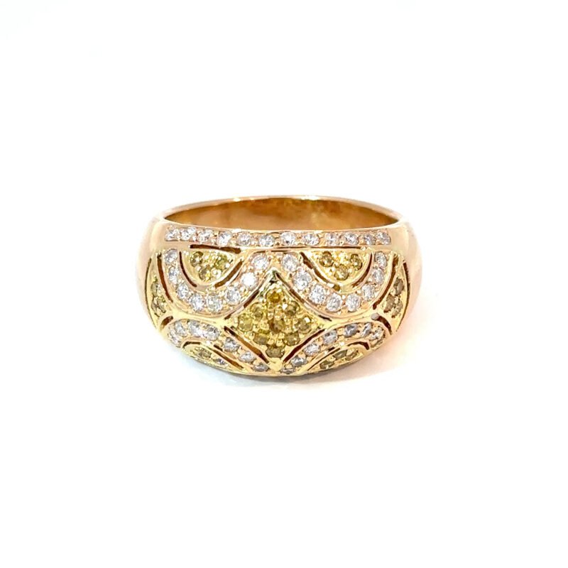 Front-facing view of John's Loan & Jewelry's 18K ladies ring, showcasing a yellow gold band with a byzantine pattern inset with colorless and yellow diamonds, totaling approximately 1ct.