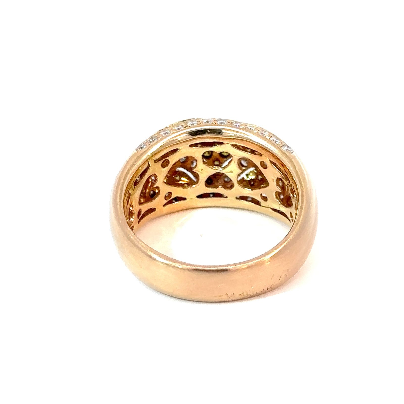 Back view of John's Loan & Jewelry's 18K ladies gold ring, revealing the smooth yellow gold band interior and the byzantine pattern's structural design supporting the colorless diamonds.