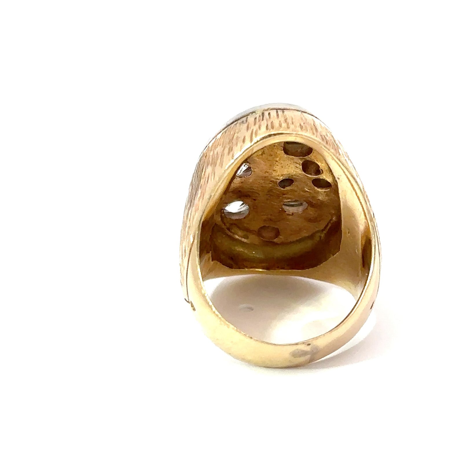 Back view of a John's Loan & Jewelry 14k yellow gold men's ring, showcasing diamond details and the inner band construction.