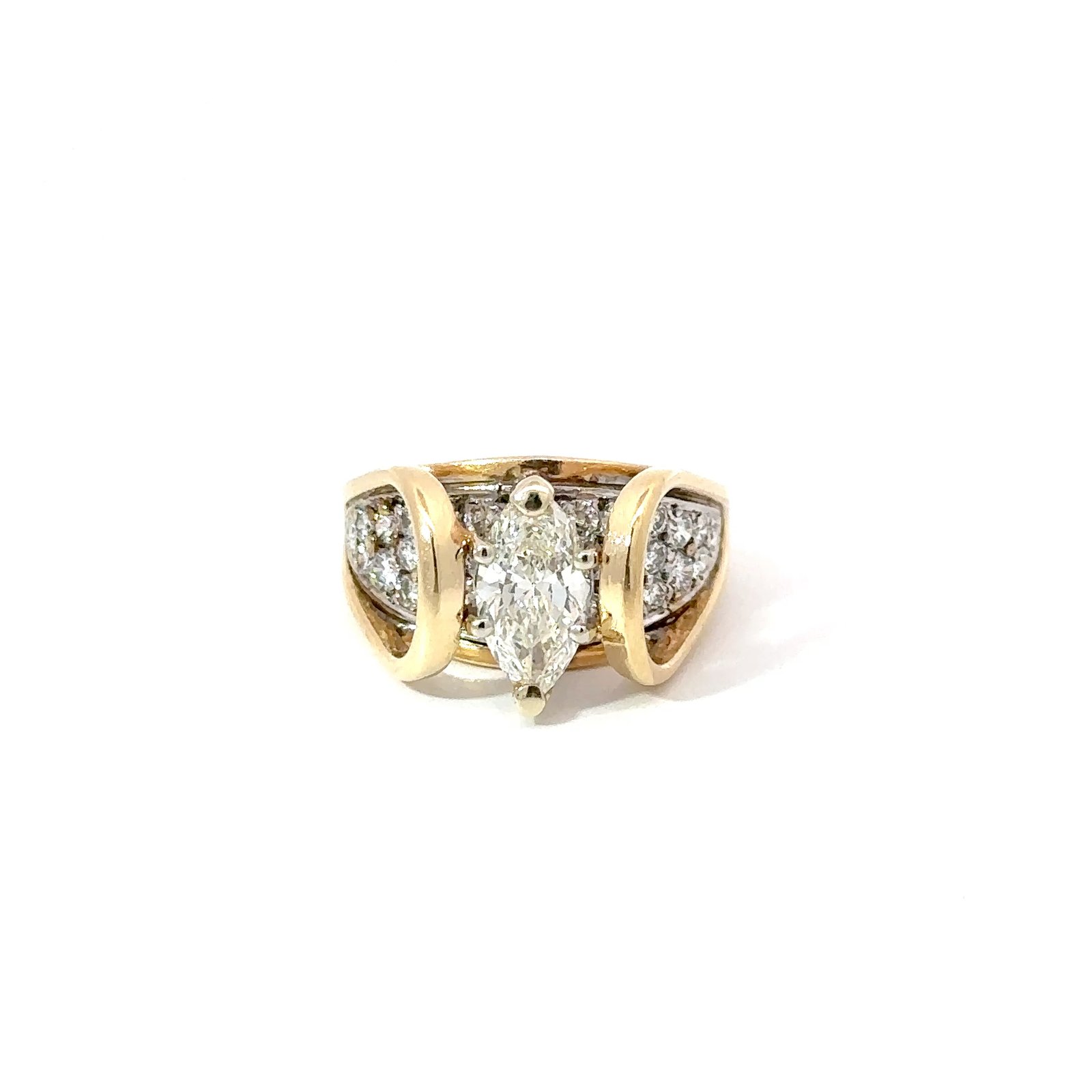 Front-facing view of John's Loan & Jewelry's 14k yellow gold ring featuring a 1.1ct marquise diamond. The 'suspension bridge' design showcases pave-set diamonds flanking the marquise on the jewelry piece.