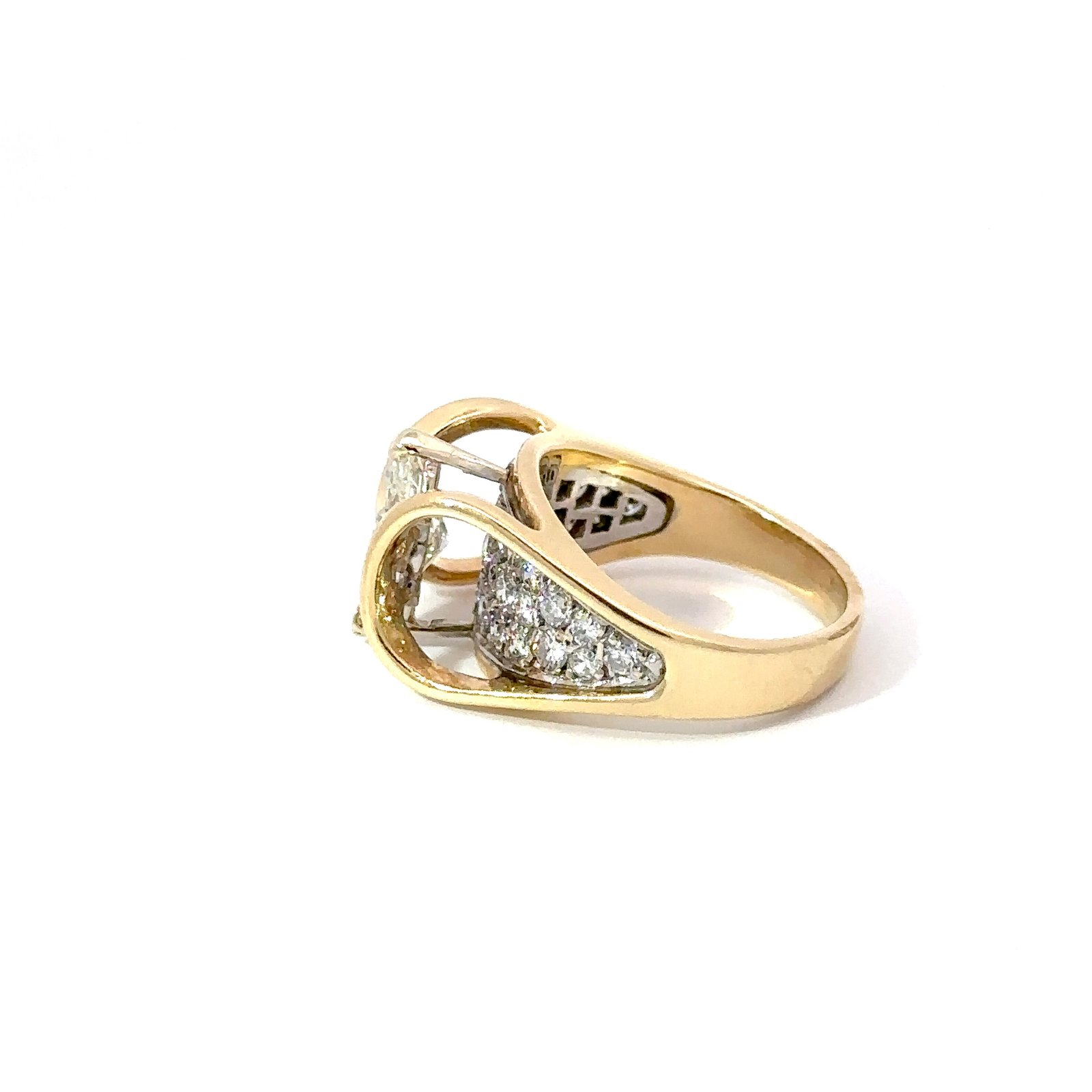 Angled side-view of John's Loan & Jewelry's 14k yellow gold ring. The jewelry features a 1.1ct marquise diamond set within a 'suspension bridge' design with pave-set diamonds.