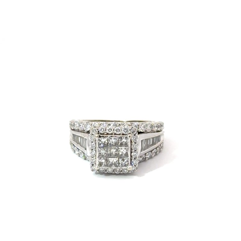 Front-facing view of a John's Loan & Jewelry 10K white gold ladies ring, showcasing a square diamond face. The jewelry item features a pave-set diamond halo and baguette-cut accent stones along the band.