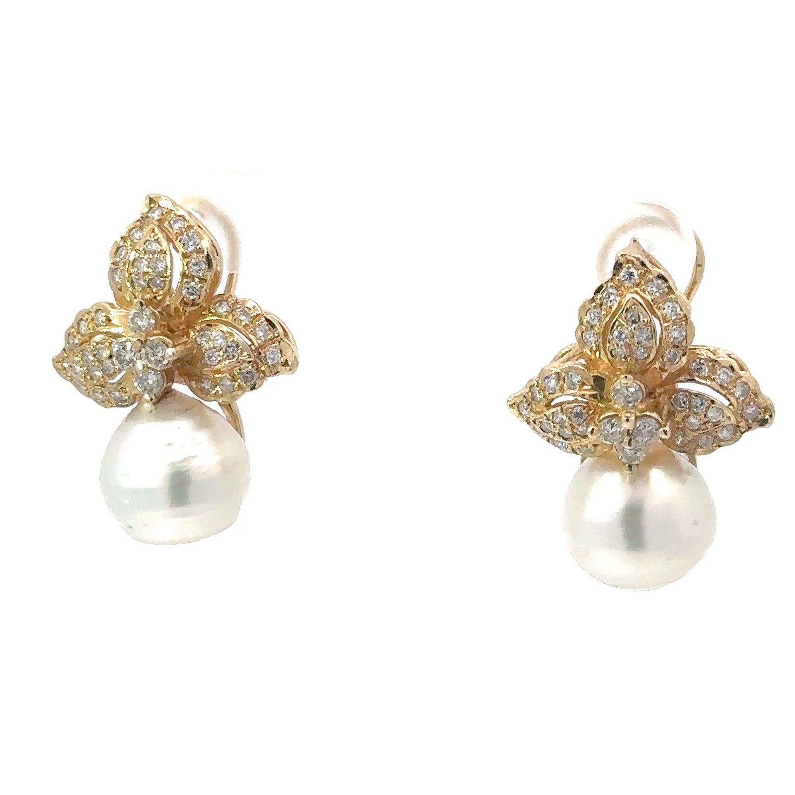 Stunning 14k yellow gold earrings featuring a pair of white pearls and diamond accents, available from John's Loan & Jewelry Co.