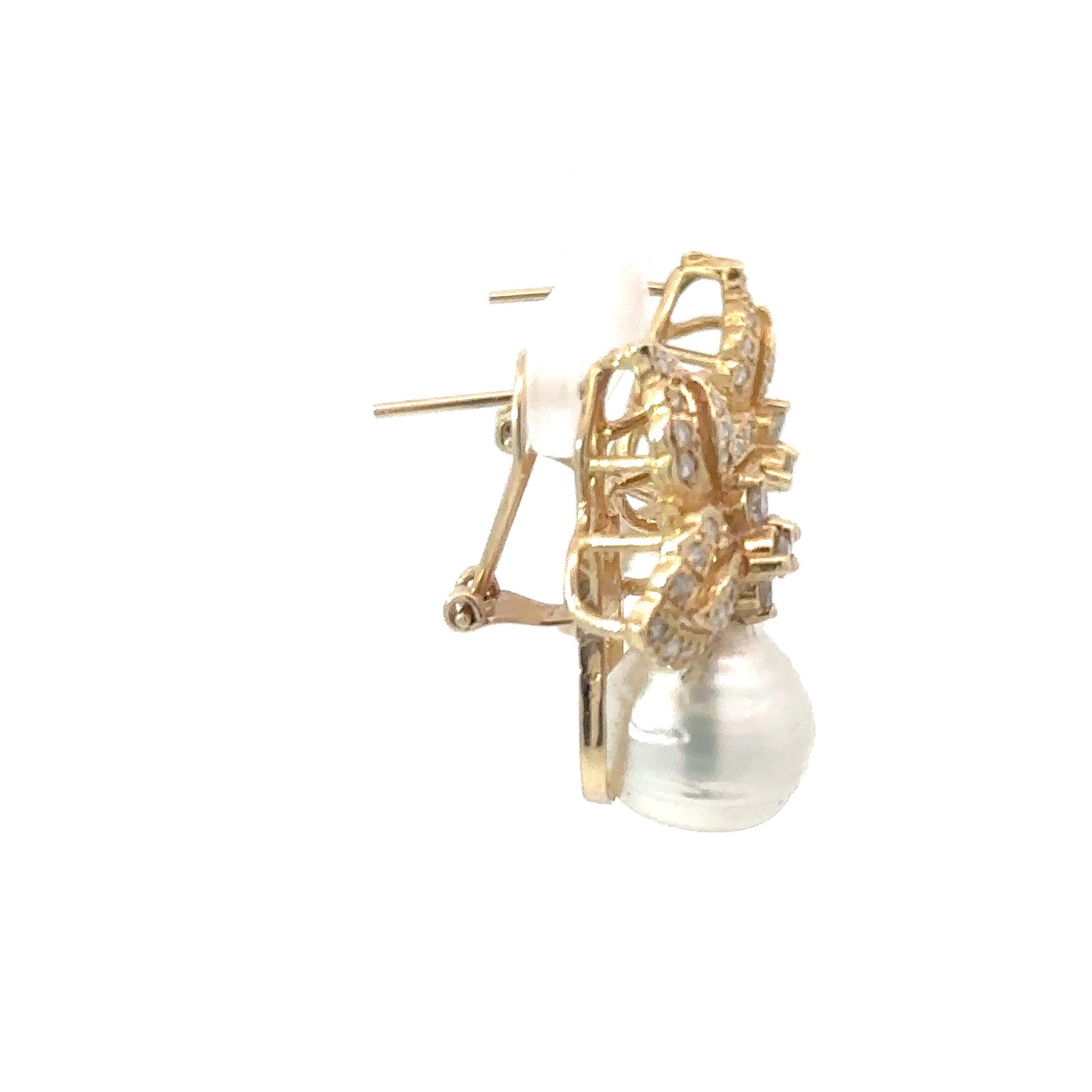 Profile view of a 14k yellow gold earring from John's Loan & Jewelry, featuring a diamond setting and a luminous white pearl drop.