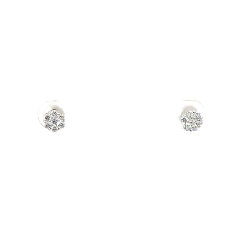 Platinum Diamond Cluster Earrings from John's Loan & Jewelry: A symmetrical pair of cluster earrings with multiple diamonds set in platinum, viewed straight on, showcasing jewelry details.