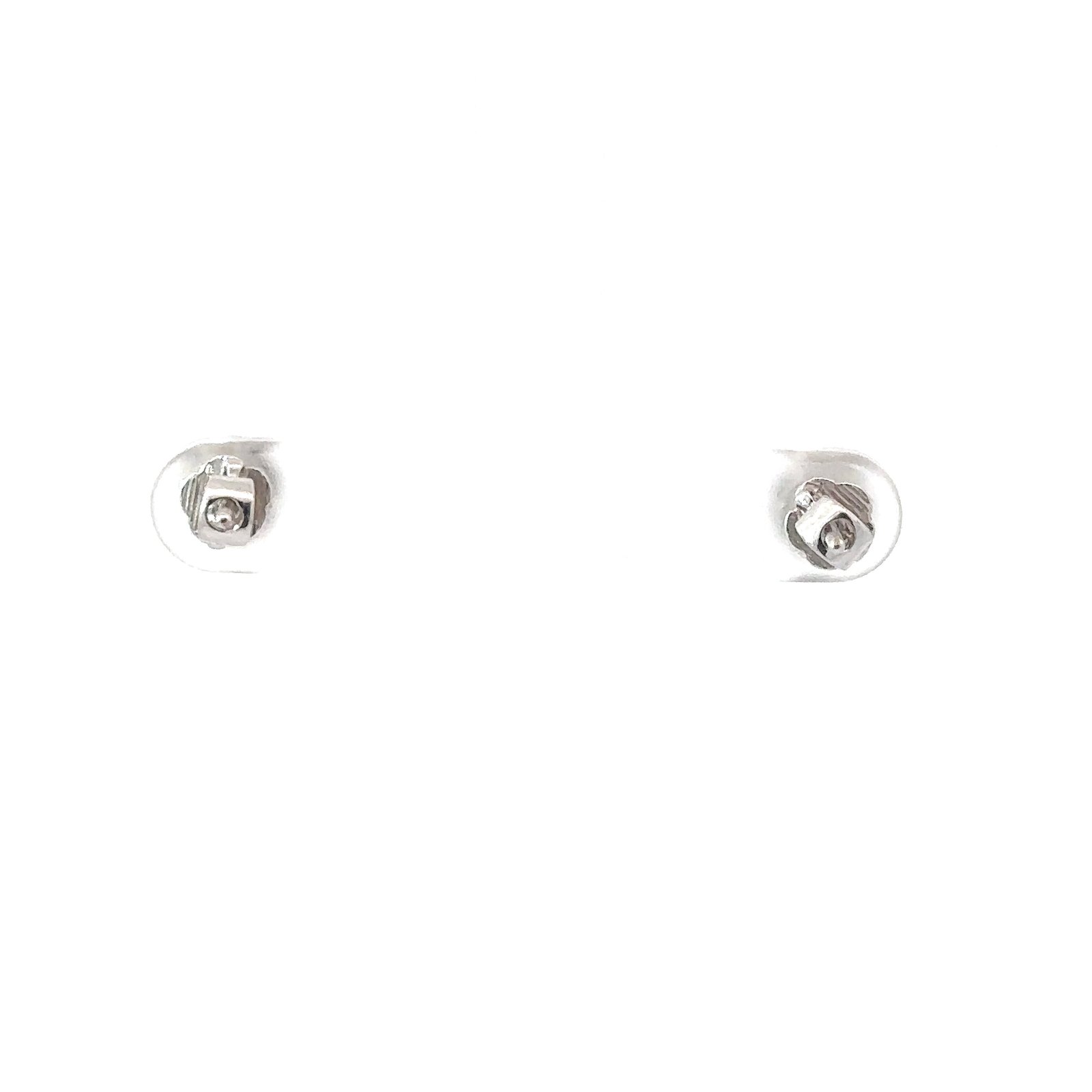 Back view of John's Loan & Jewelry diamond stud earrings displaying the earring's screw backing and the 18kt white gold setting where the jewelry is held.