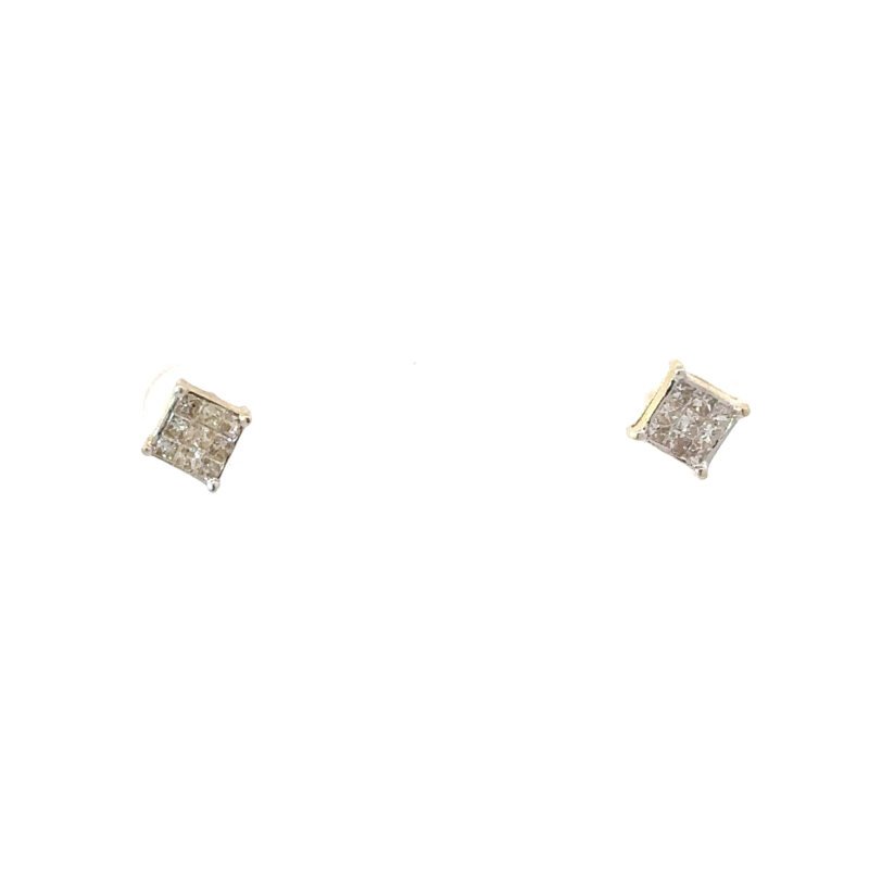 Men's square 14kt gold earrings from John's Loan & Jewelry, featuring a channel setting with pave diamonds. Jewelry detail showcases the earrings' minimalist design on a white table surface.