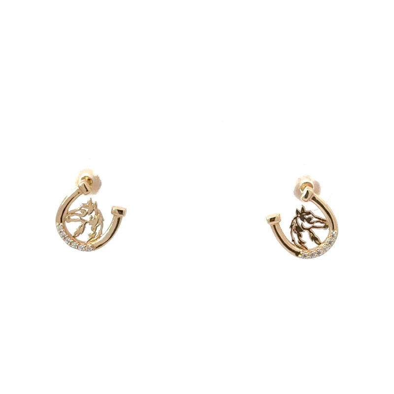 Pair of 14kt yellow gold horseshoe earrings from John's Loan & Jewelry, each featuring a delicate horse head silhouette and pavé-set diamonds along the horseshoe curve.