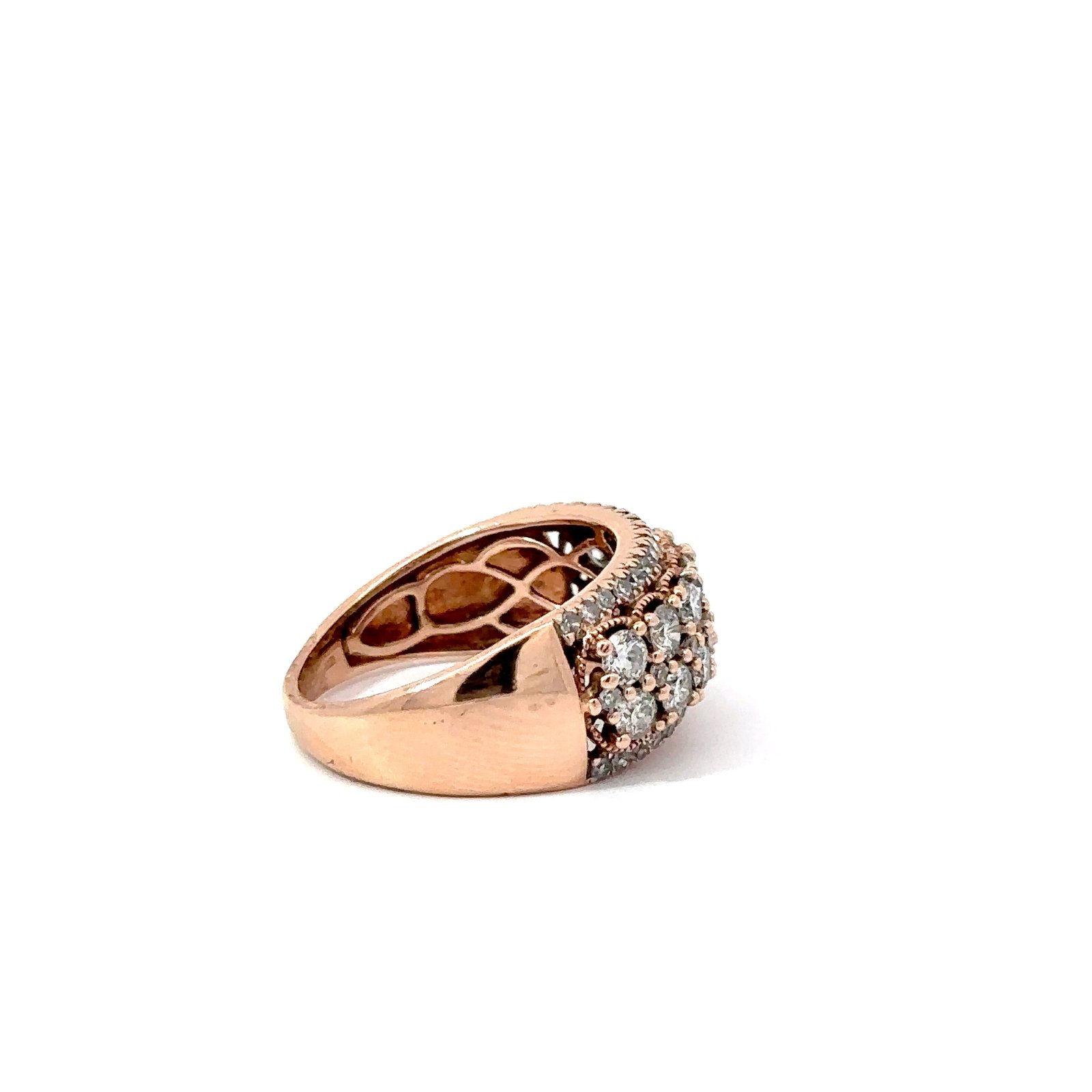 Angled view of the 14k rose gold diamond cluster band from John's Loan & Jewelry, displaying the detailed diamond settings and smooth rose gold shank of the ring.