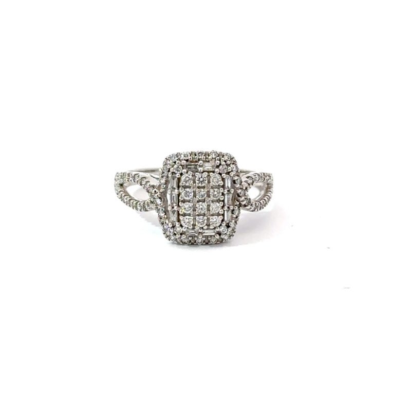 White Gold 14kt Baguette Diamond & Round Cluster