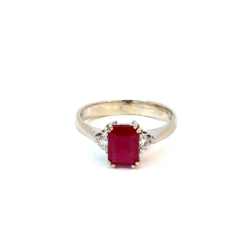 14k White Gold 1ct Emerald-Cut Ruby & Diamond Ring