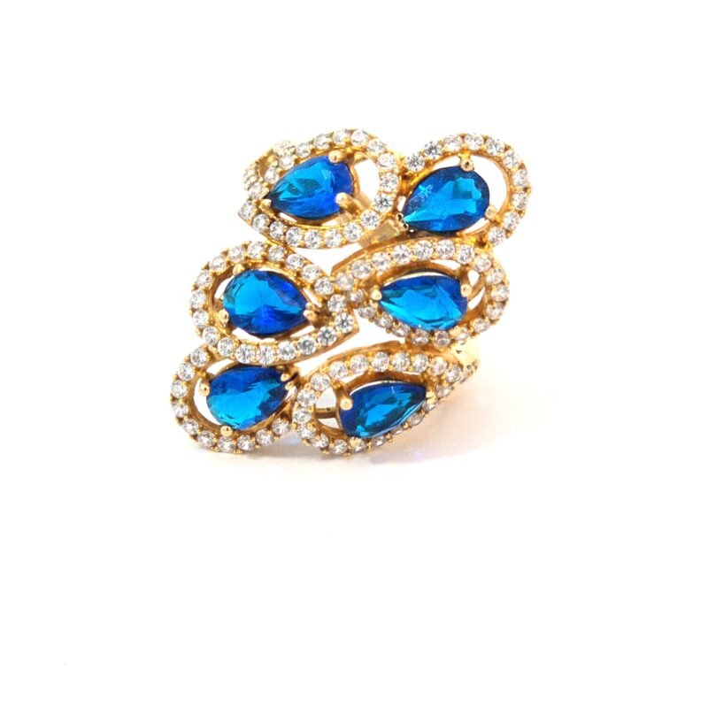 14k Yellow Gold 6 Pear Cut Blue Topaz & Diamond Ring