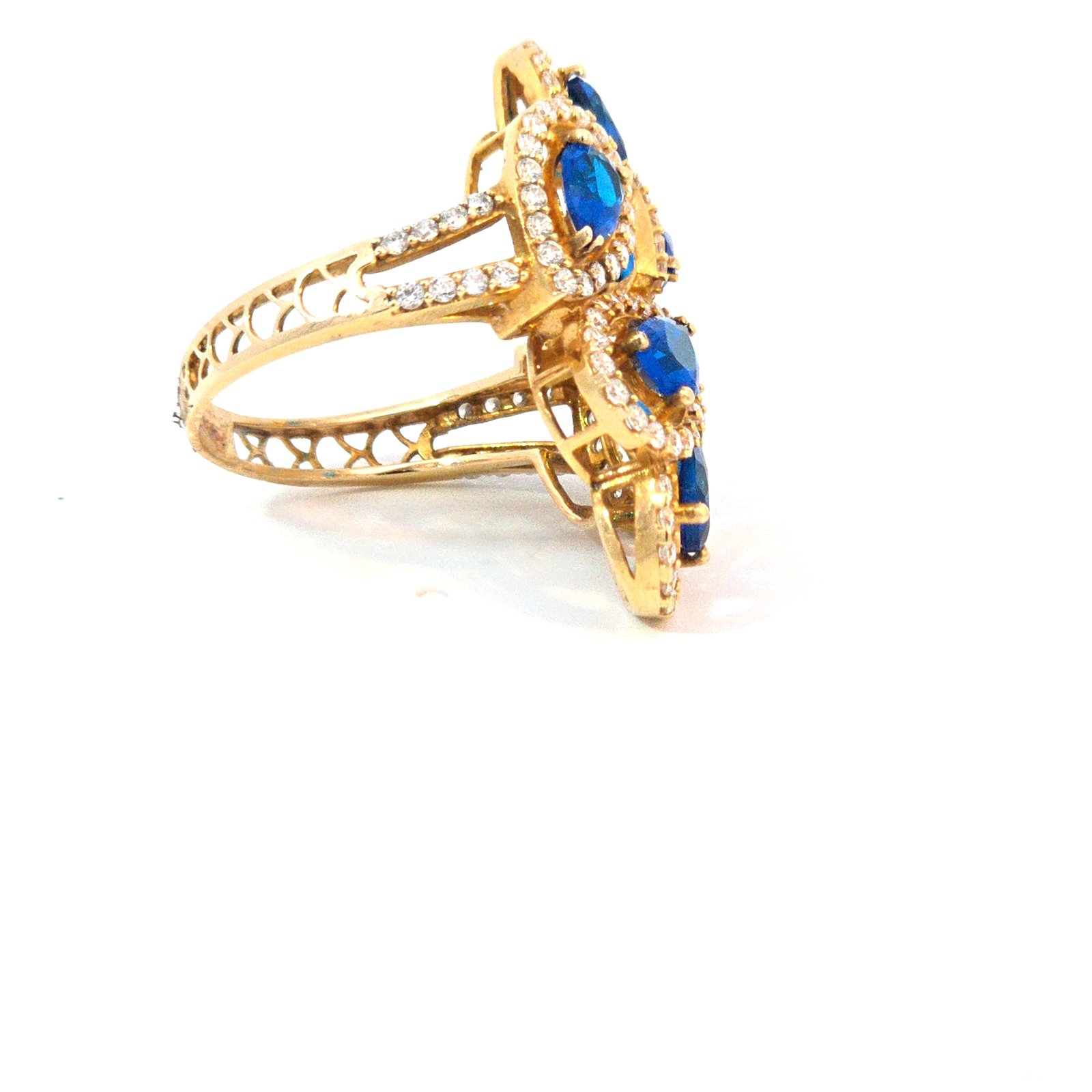 14k Yellow Gold 6 Pear Cut Blue Topaz & Diamond Ring - Image 4